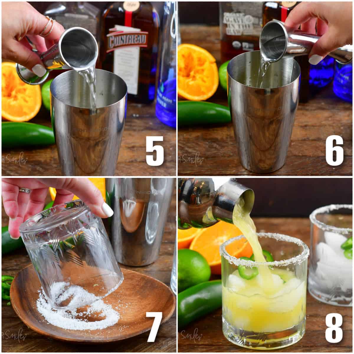 collage of four images of adding clear liquors to the shaker, salting the rim, and pouring in the cocktail.