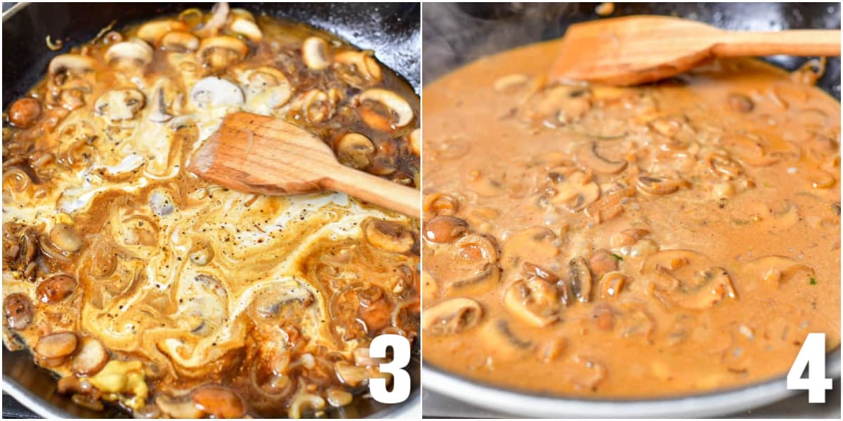 collage of two images of stirring cream into sauce and sauce finished in the skillet.