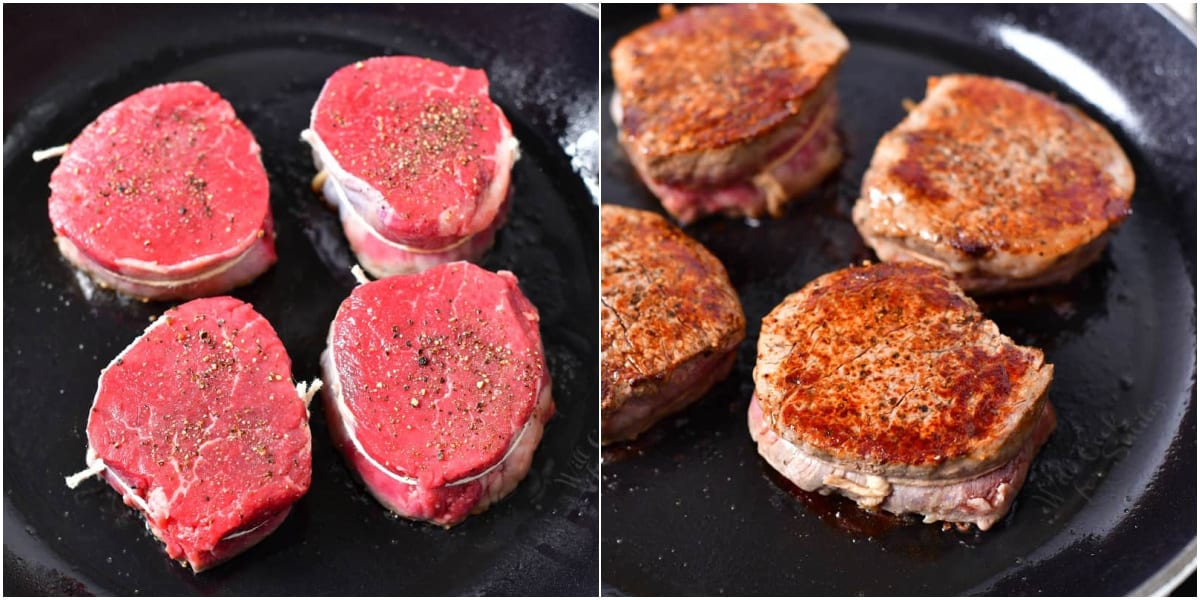 collage of two images of four filet mignon steaks cooking in the skillet.