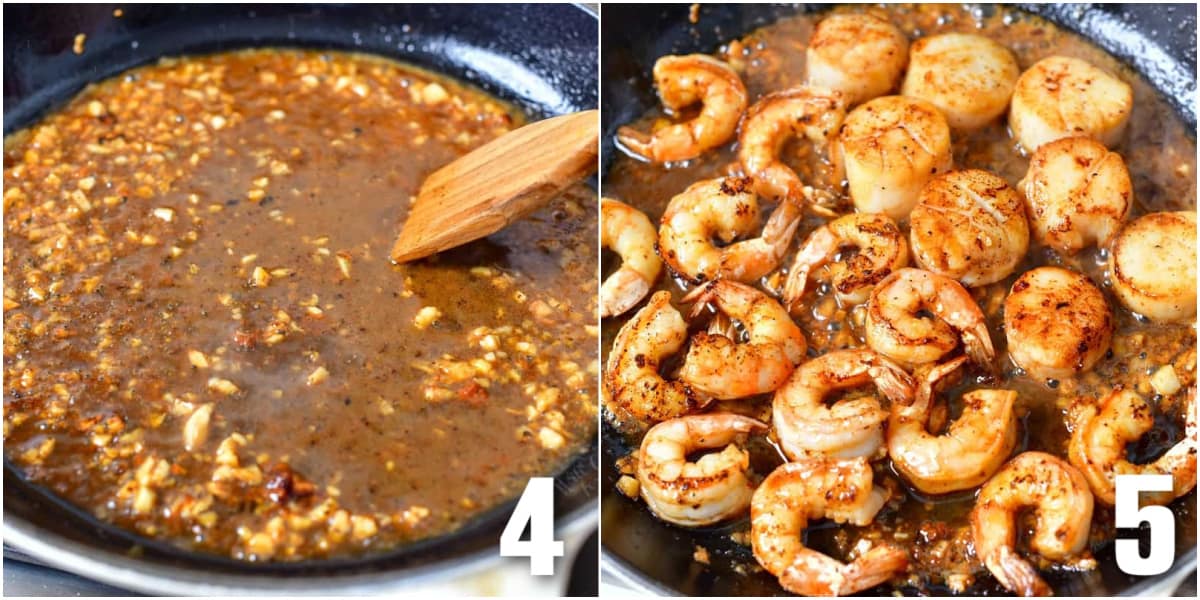 collage of two images of cooking the sauce and adding seafood to the sauce.