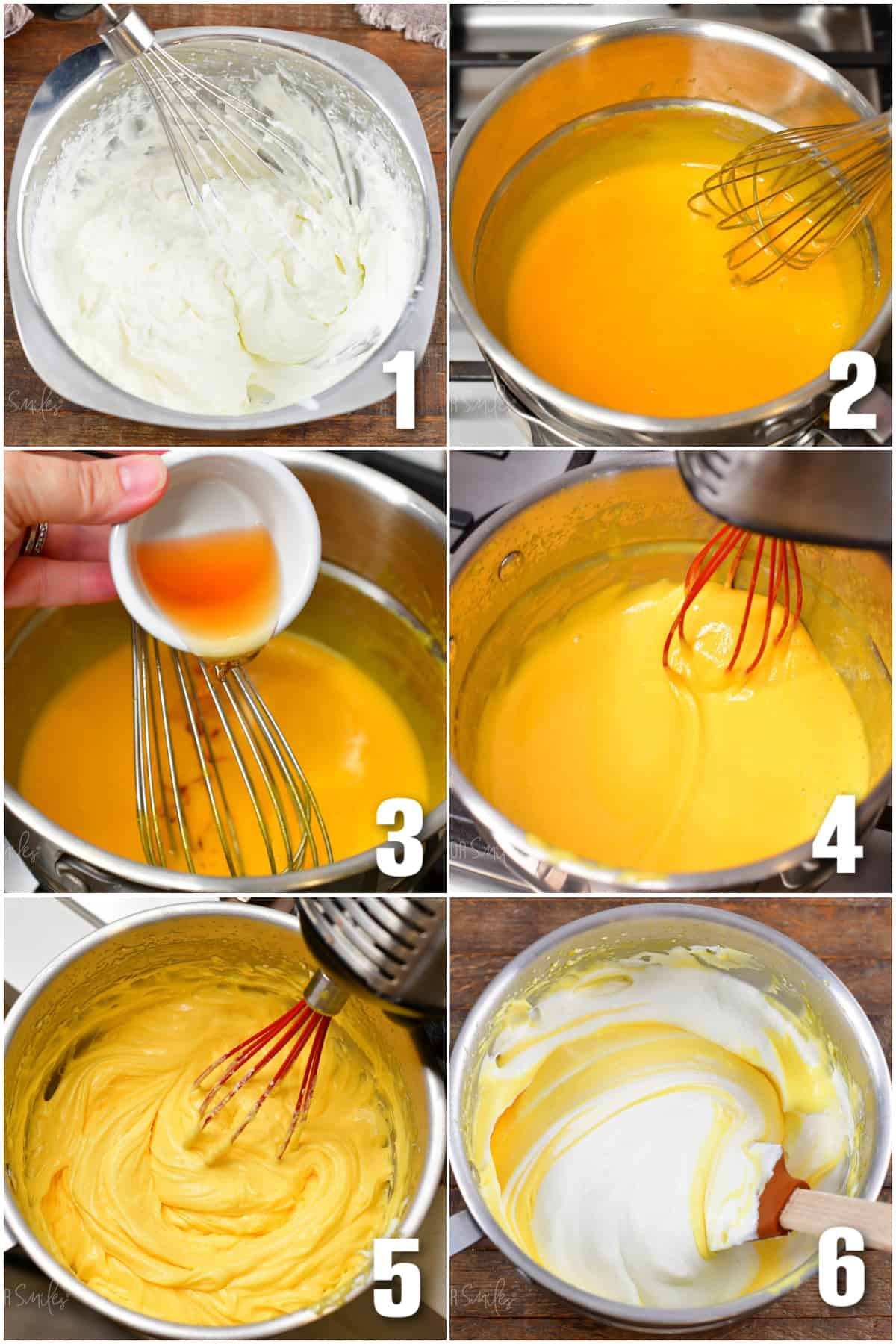 collage of six images of preparing the mascarpone cream and egg filling for tiramisu.