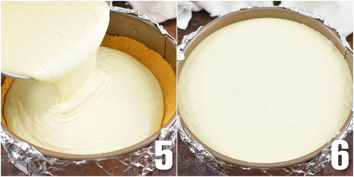 collage of two images of pouring in the cheesecake filling into crust and spread in the pan.