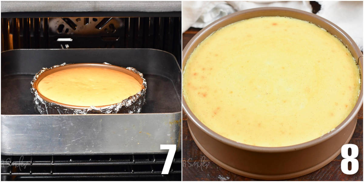 collage of two images of the cheesecake in the oven in the water bath and baked in the form.