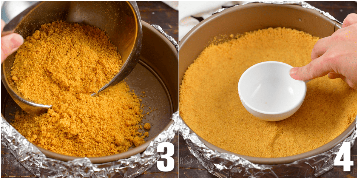 collage of two images of adding crust mix into the pan and patting it in.