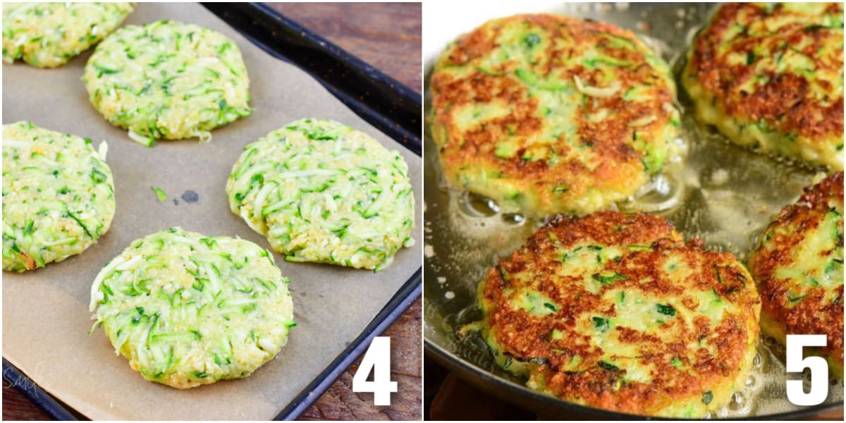 collage of two images of shaped zucchini patties and frying them in the pan.