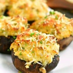 closeup of stuffed mushrooms on a white plate.