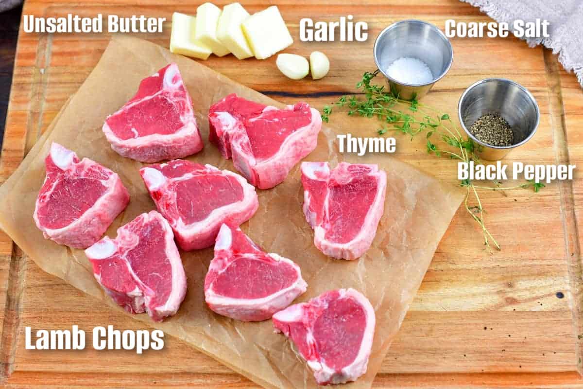 labeled ingredients to make cook chops on the cutting board.