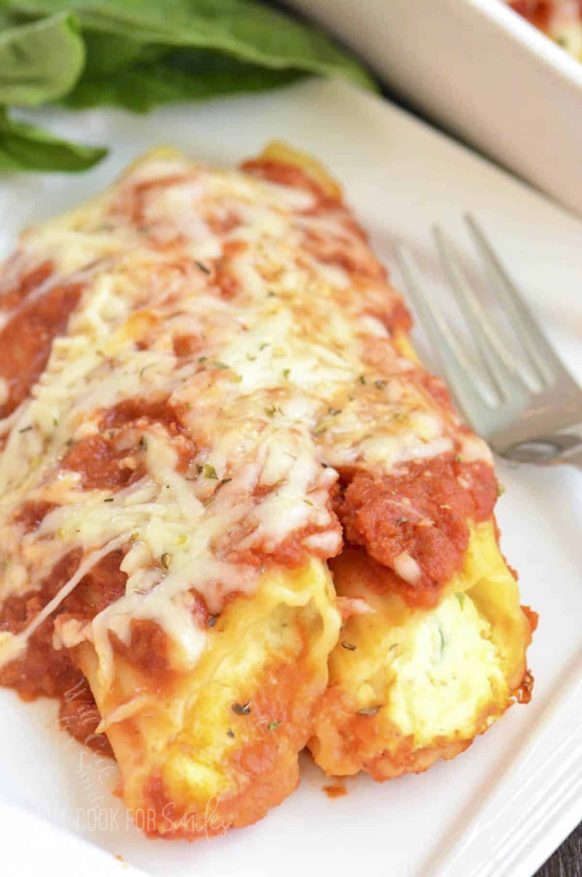 two stuffed manicotti in pasta sauce and cheese on the plate.