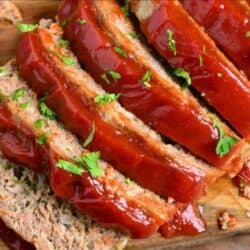 sliced meatloaf top on the cutting board.