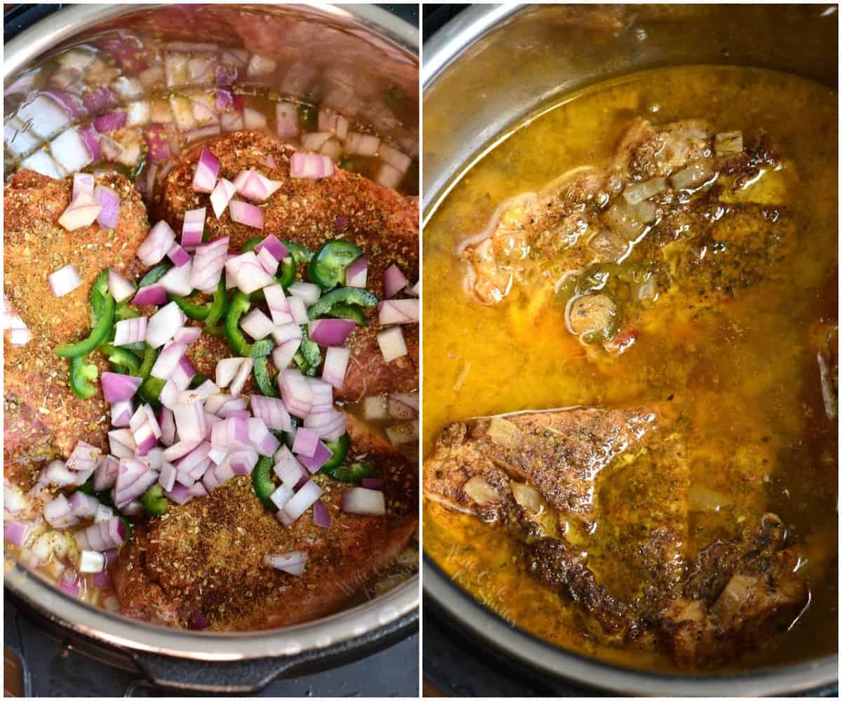 collage of two images of pork carnitas in instant pot before and after cooking.