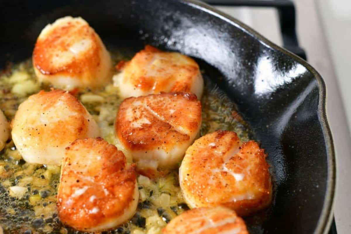 several seared scallops in a black skillet with butter and garlic.