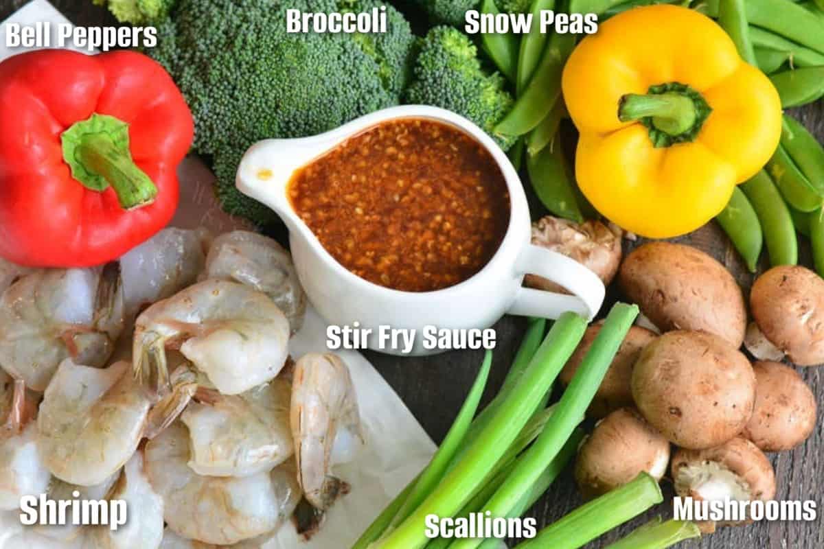 labeled ingredients to make shrimp stir fry side by side.
