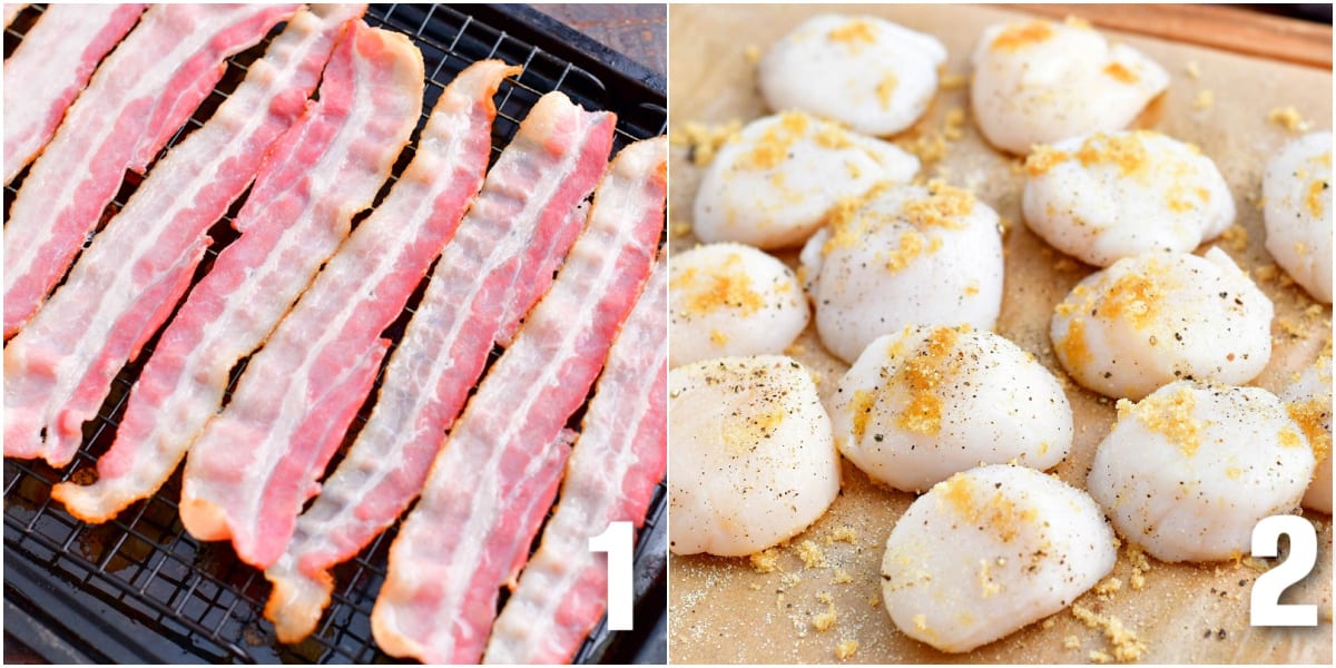 collage of two images on par-cooked bacon and seasoned scallops.