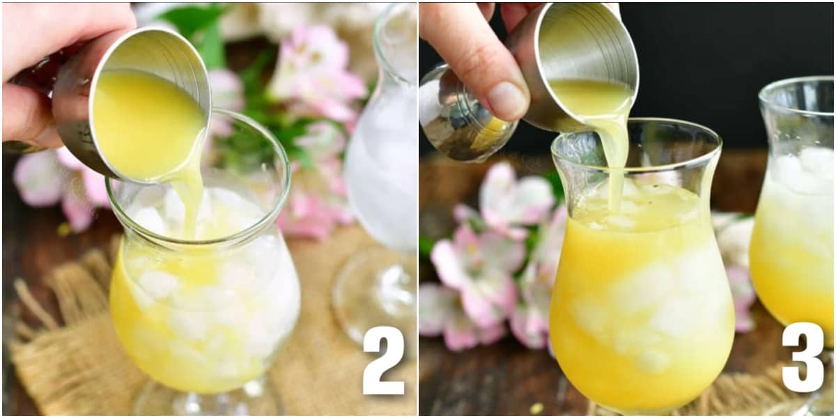 collage of pouring pineapple juice and orange juice from the silver jigger into the glass.