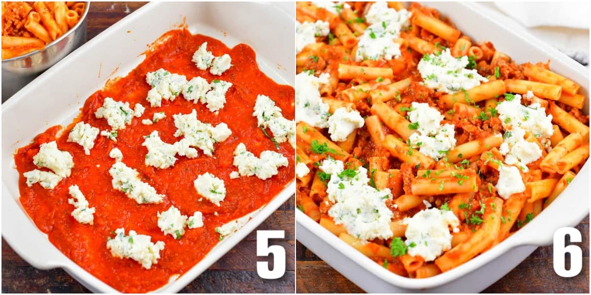 collage of two images of spread sauce and ricotta mixture in baking dish and then pasta.