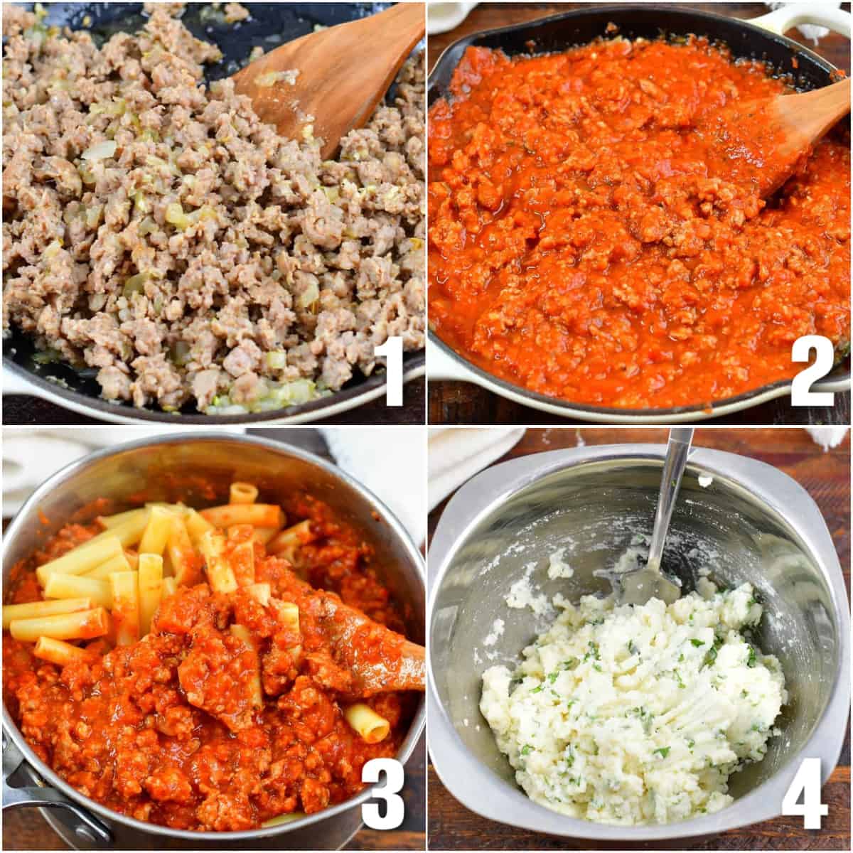 collage of four images of cooking sauce and the mixing it with sauce, pasta, and making ricotta mixture.