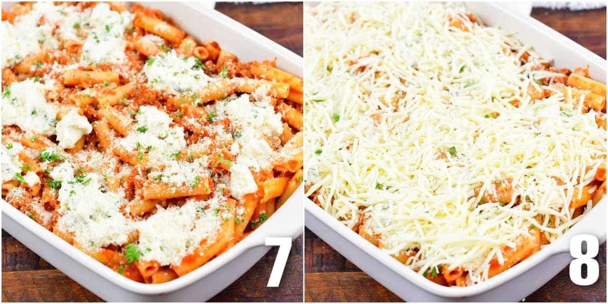 Baked ziti meat, pasta, and ricotta mixture in the baking dish topped with parmesan and them mozzarella.