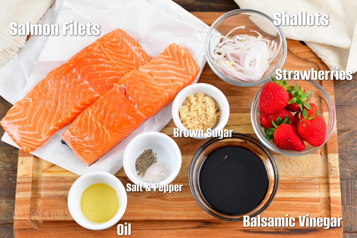 labeled ingredients to make balsamic glazed salmon on the cutting board.