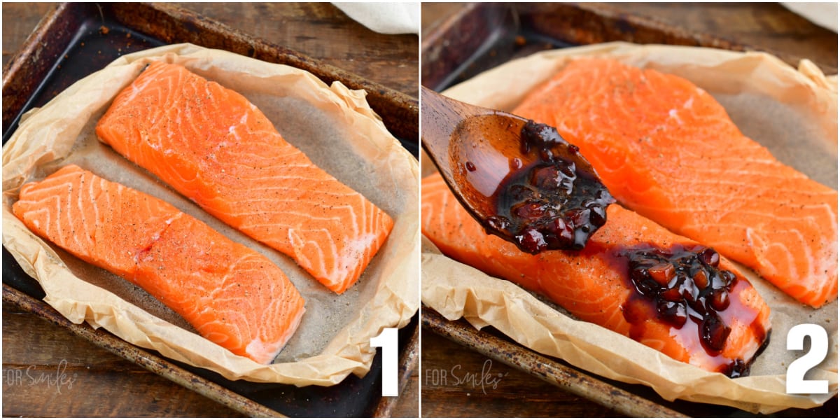 collage of salmon filets seasoned with salt and pepper and adding some glaze over salmon.