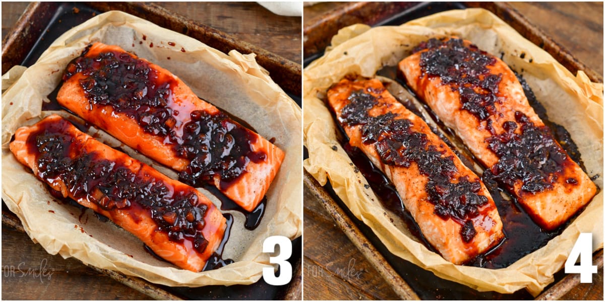 collage of two salmon filets before and after baking on top of parchment paper pocket with balsamic glaze.