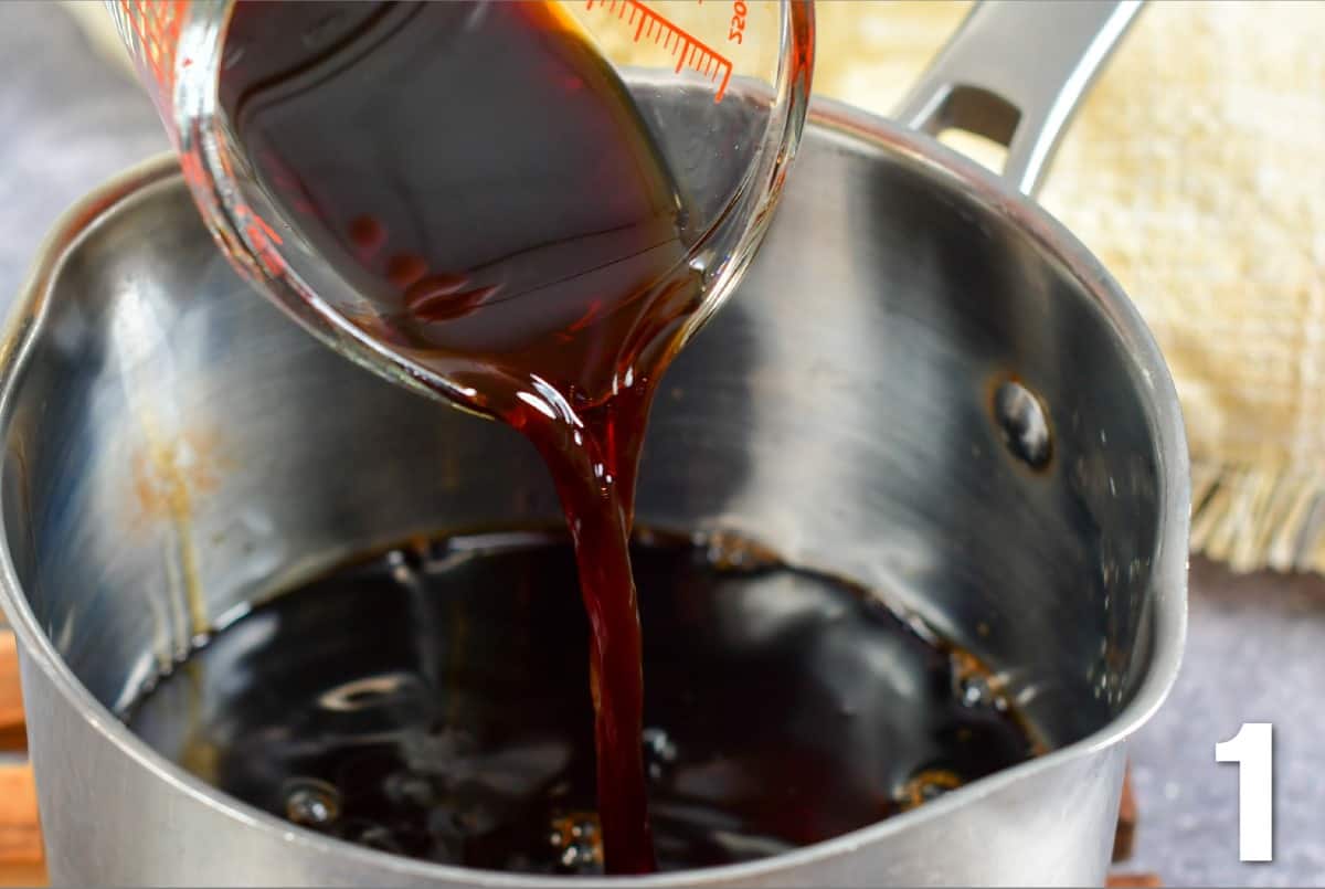 pouring in balsamic vinegar into the pot with sweetener.