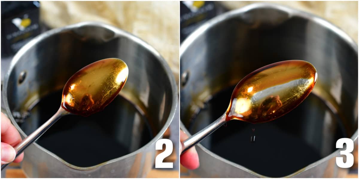 collage of holding a spoon coated with balsamic reduction and swiped reduction off the spoon.