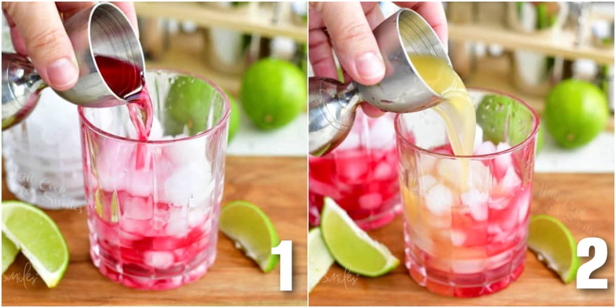 collage of two images of pouring in cranberry juice into the glass and then adding pineapple juice.