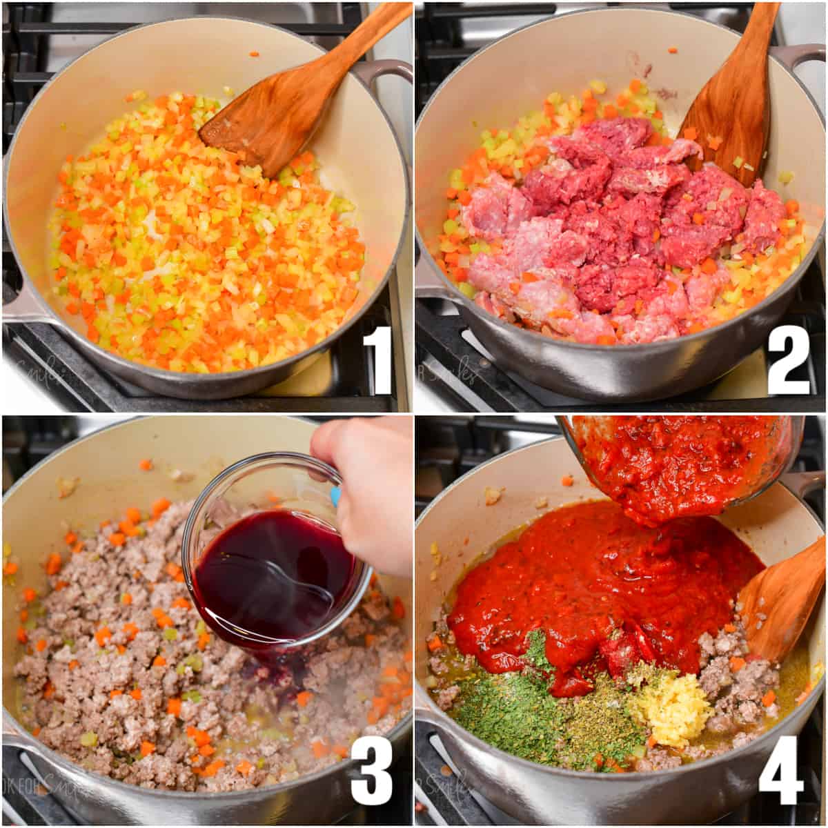 collage of four images of steps to make meat sauce from cooking veggies, adding meat, adding wine and sauce.