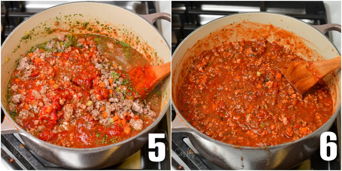 collage of two images of cooking the meat sauce stirring it and after cooked for an hour.