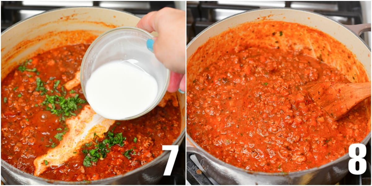 collage of two images of making the Bolognese sauce adding milk and stirring it in.