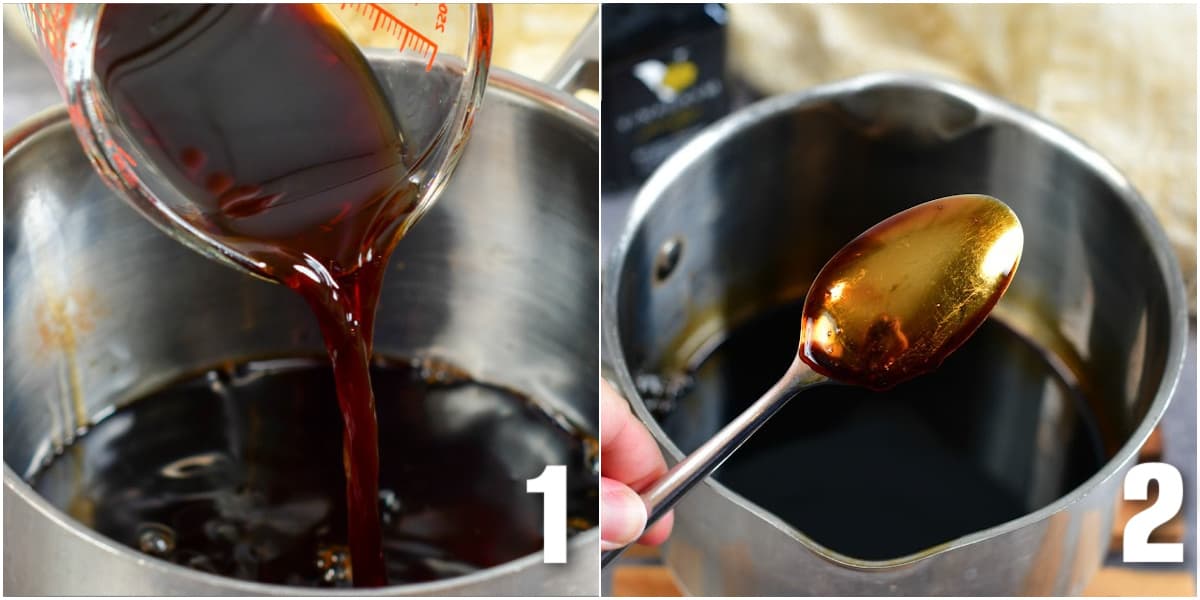 collage of two images of pouring balsamic vinegar into a pot and spoon coated with reduction.