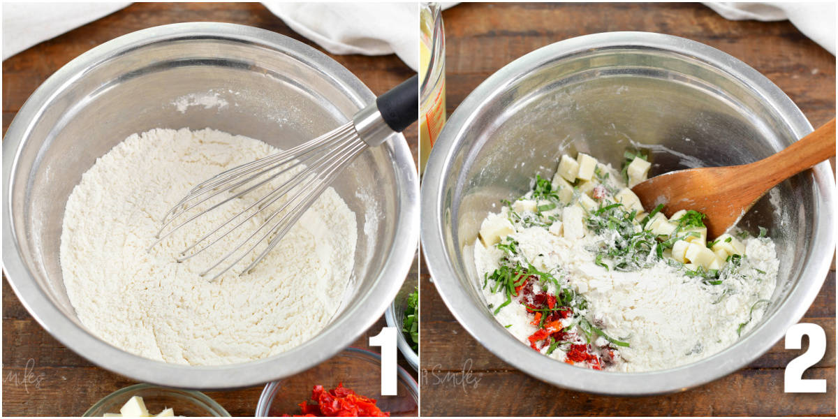 collage of two images of mixing the flour in the bowl and then mixing in cheese, herbs, and tomatoes.