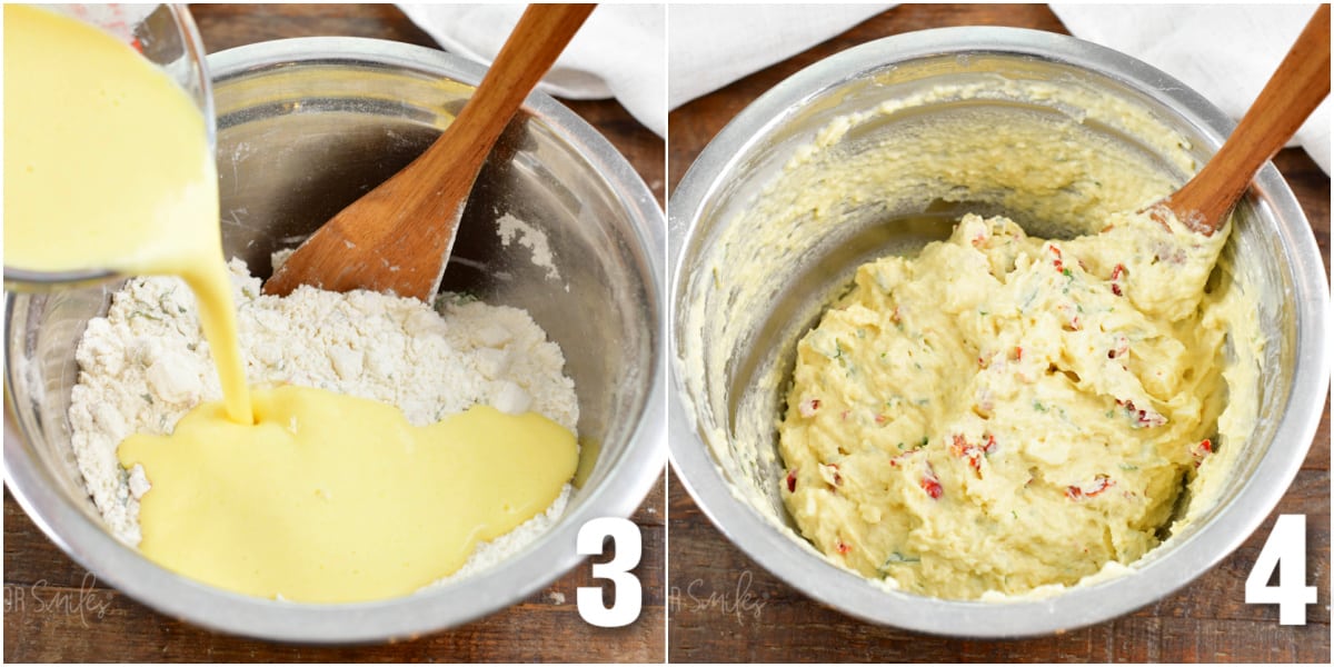 collage of two images of adding liquids to flour mixture and mixing the batter.
