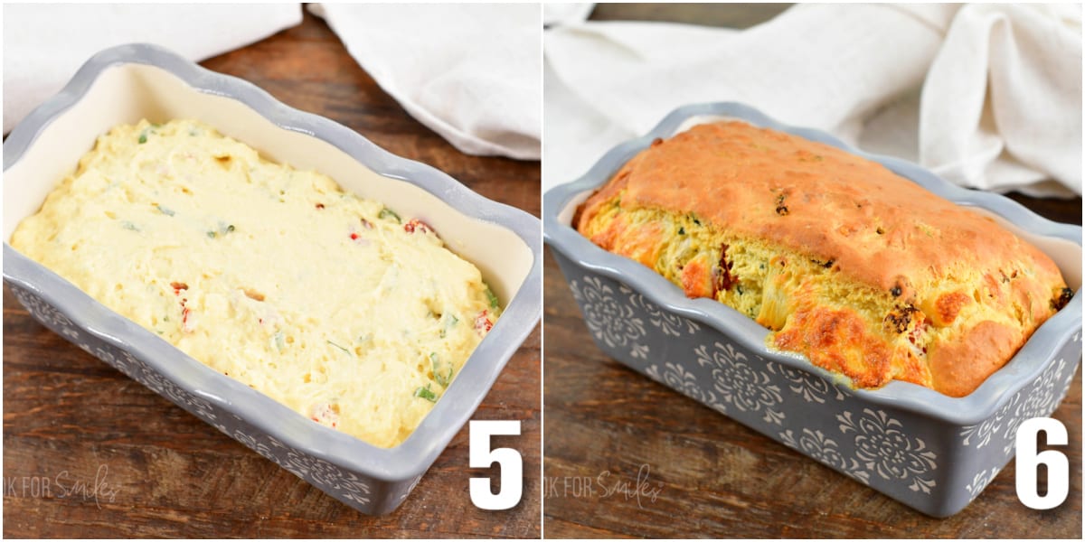 collage of two images of batter in the bread pan before baking and baked bread in the pan.