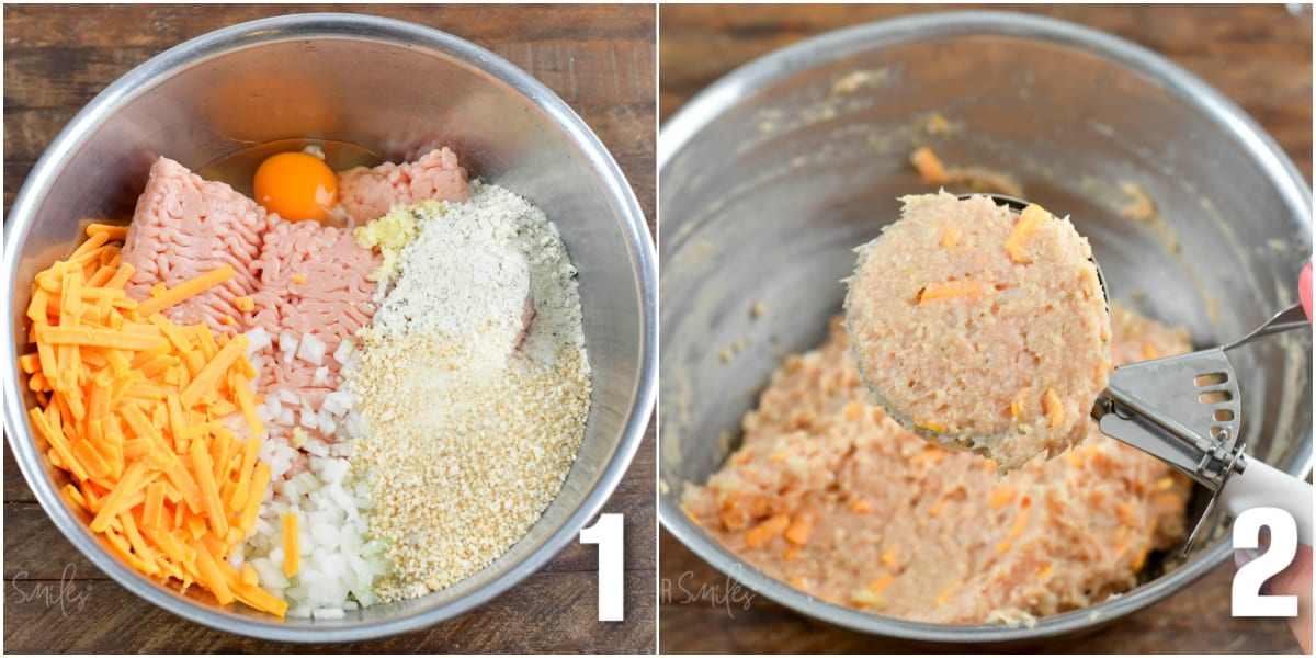 collage of two images of ingredients for chicken burgers in a bowl and scooping out.