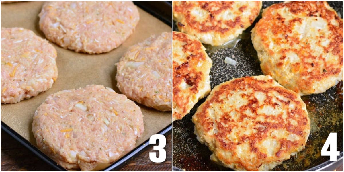 collage of two images of ranch burger patties shaped in a parchment.