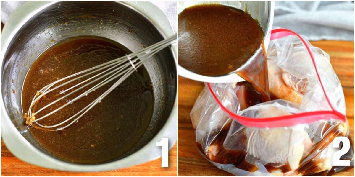 collage of two images of chicken marinade mixed in a bowl and pouring it into the bag.