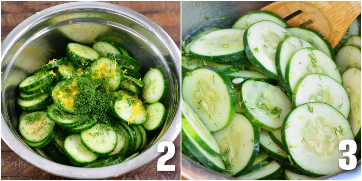 collage of two images of cucumber salad ingredients in a bowl and mixed with a spoon.
