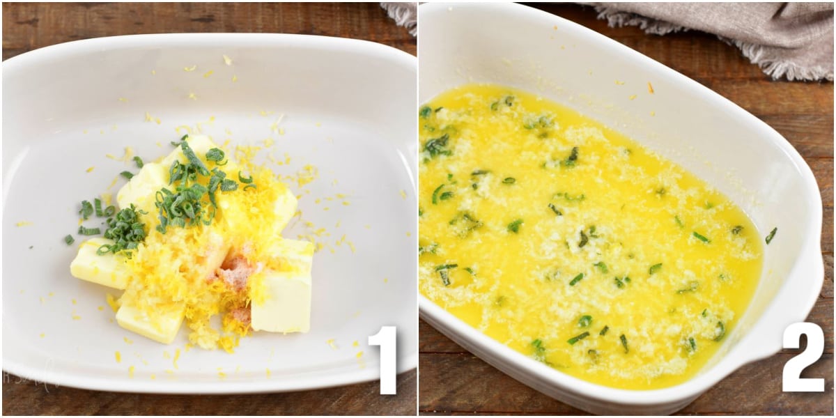 collage of two images of butter and seasoning in the baking dish and then melted.