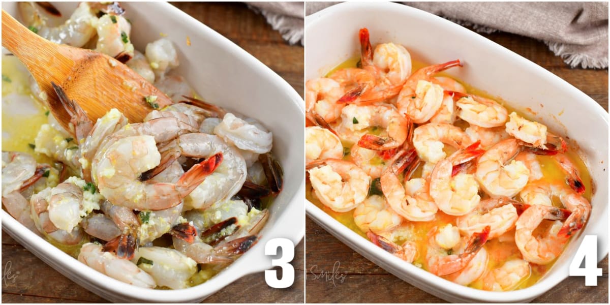 collage of two images of mixing shrimp with seasoned butter and baked shrimp.