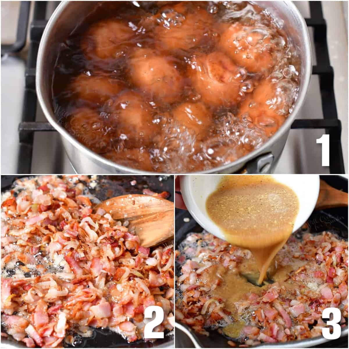 collage of three images of cooking potatoes, sautéing bacon, and adding sauce to bacon.