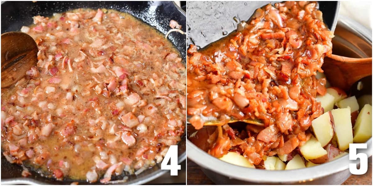 collage of two images of cooking sauce for Germán potato salad and adding it to potatoes.