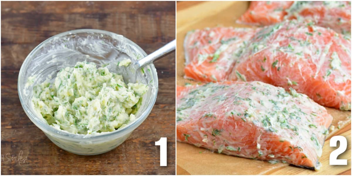 garlic and herb butter in a small glass bowl and salmon filets rubbed in herb butter.