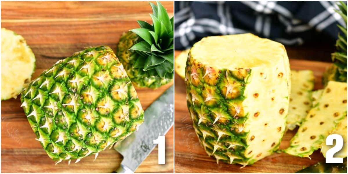 collage of two images of pineapple with top and bottom cut off and cutting off the skin.