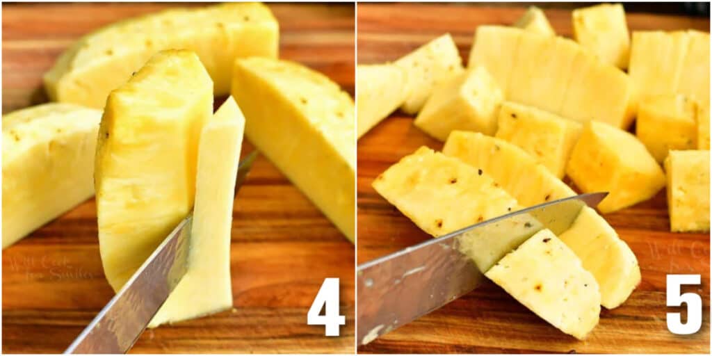 collage of two images of cutting off center and cutting pineapple quarter into chunk with a knife.