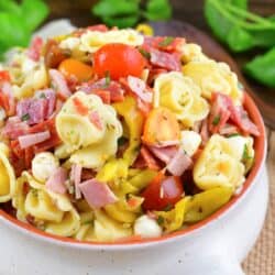 Italian tortellini salad filled in a light ceramic bowl with a handle.