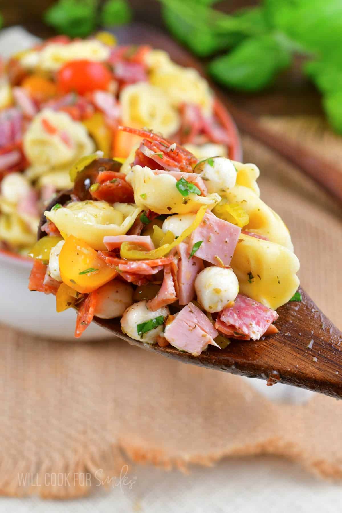 Wooden spoon with scooped Italian tortellini salad on it in front of a bowl.