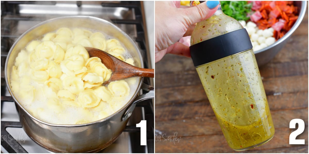 collage of two images of cooking tortellini and holding dressing in the shaker.