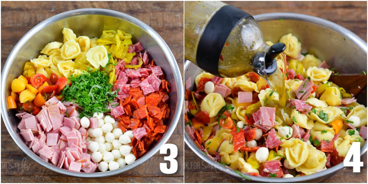 collage of two images of ingredients for the Italian tortellini salad in a bowl and adding the dressing.