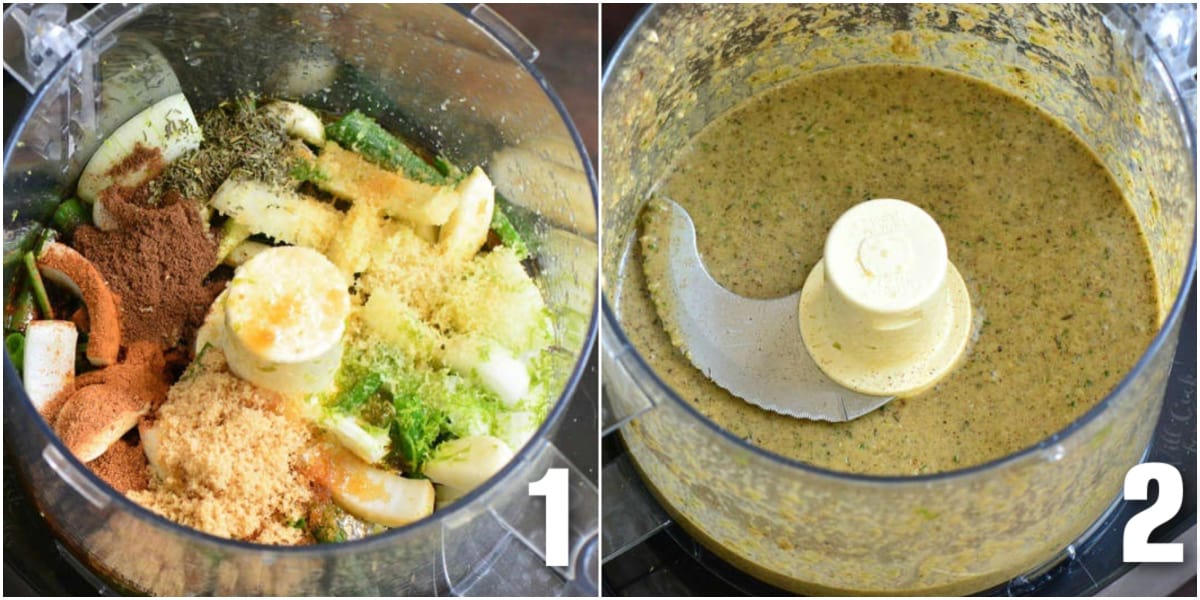 collage of two images of ingredient for jerk marinade in a bleder before and after blending.